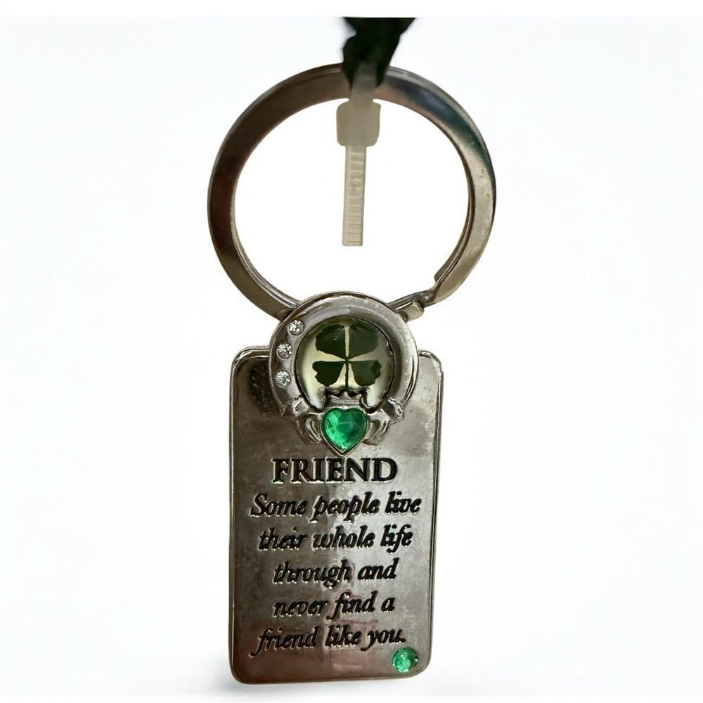 Lucky Irish Friend Keychain with Real Four Leaf Clover & Green Gemstones